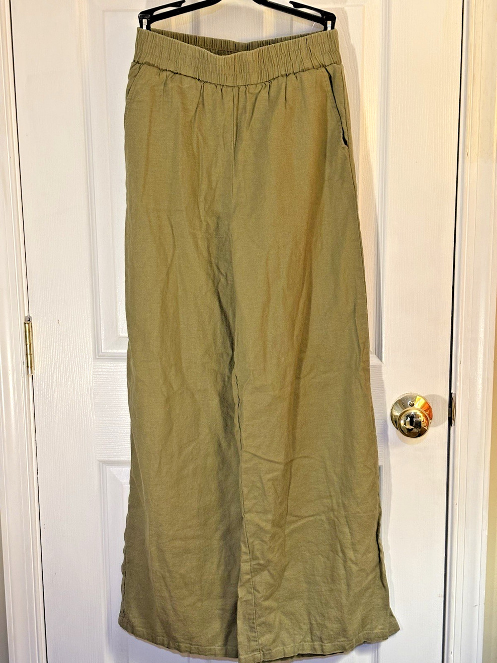 Forever 21 Olive Linen Blend Wide-Leg Pants Elastic Waist Women's Casual XS